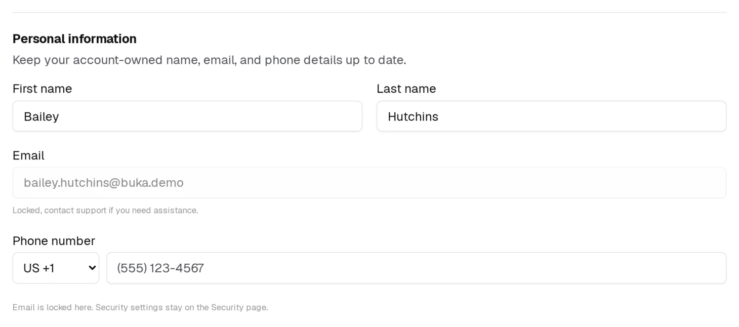 Your own name and phone live on Settings. Email is shown but locked here, and Save appears at the top of the page once you change something.