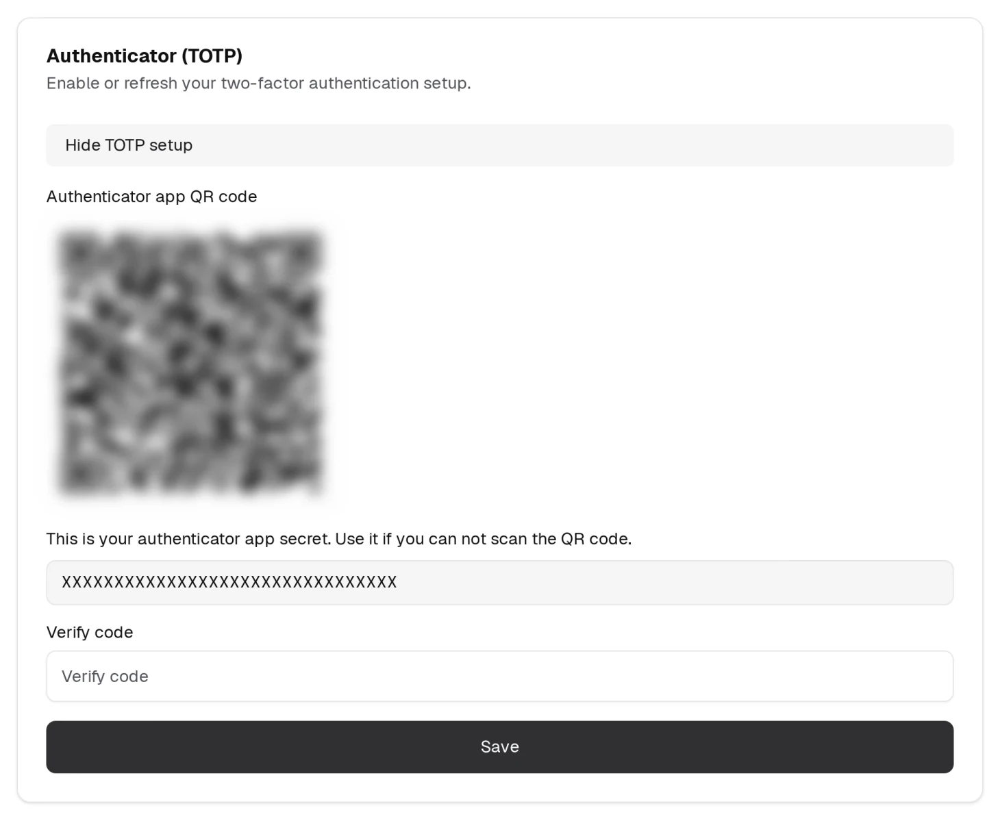 Show TOTP setup reveals the QR code to scan, the setup key to type if you cannot scan it, and the field for the six-digit code that finishes the job. The code and key are blurred here — yours will be readable.