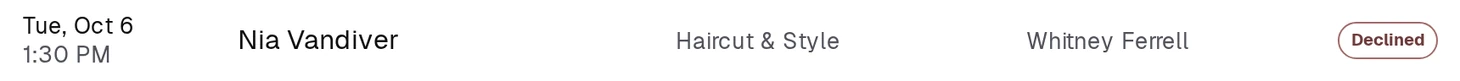 A declined appointment is off the calendar; the Cancelled list on Home shows it with a Declined status.