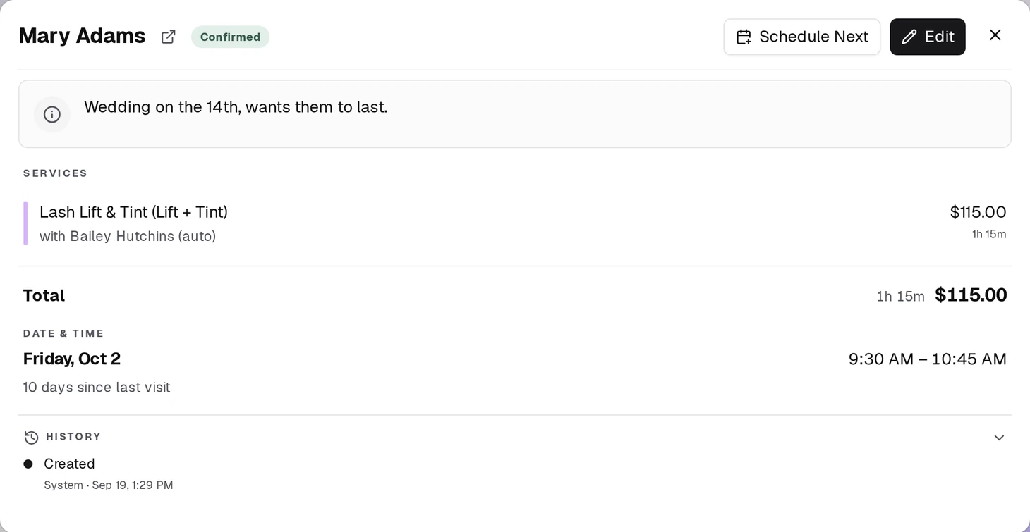Open an appointment and select the history row at the bottom: each change is listed with who made it and when.