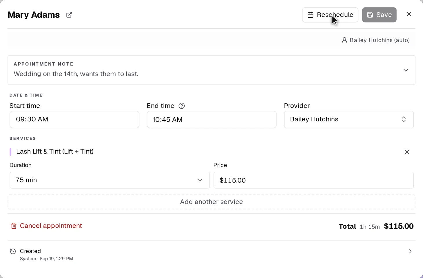 Editing the appointment — the Reschedule button appears once you're in edit mode.