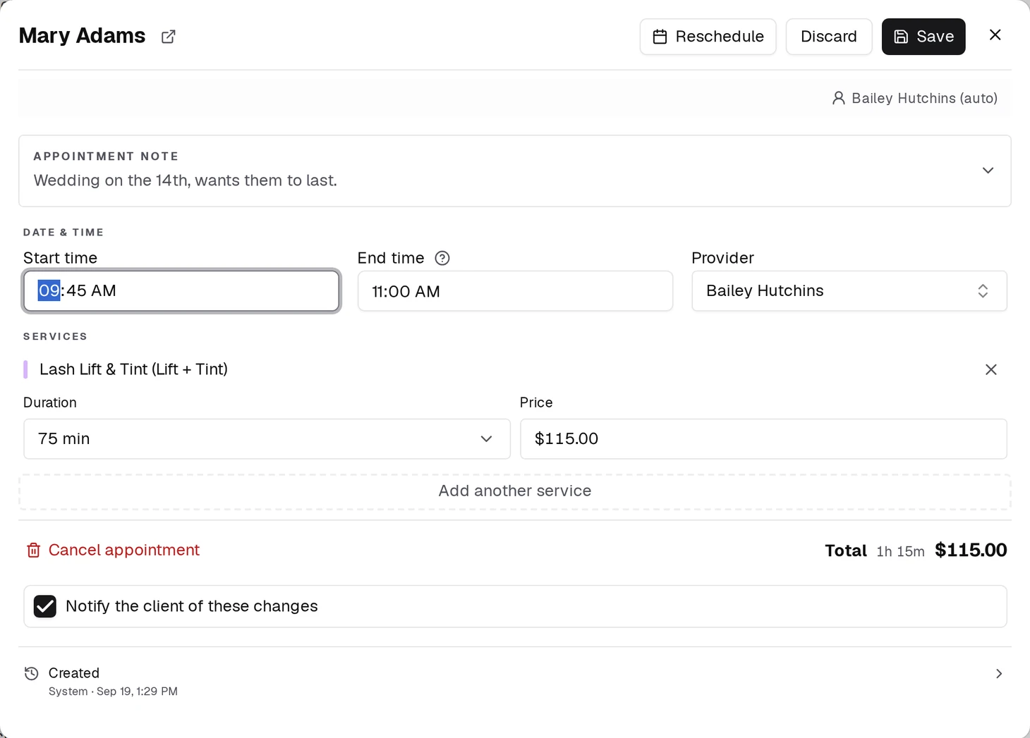 Nudging the Start Time slides the whole appointment earlier or later the same day — Save is enabled, no confirm window.