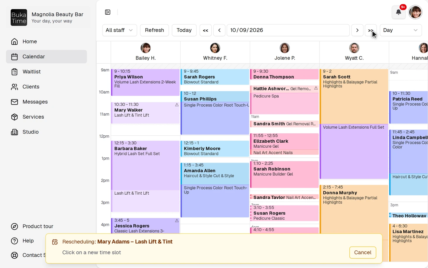 Reschedule mode survives navigation — jump to any day, week, or month before picking the new slot.