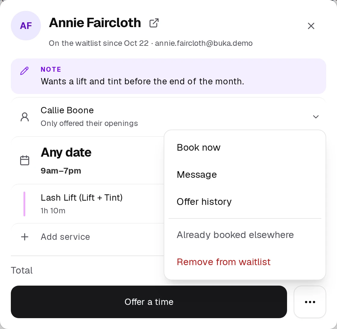 Opening a waiting client shows everything they told you, editable in place, and every way to act on it.