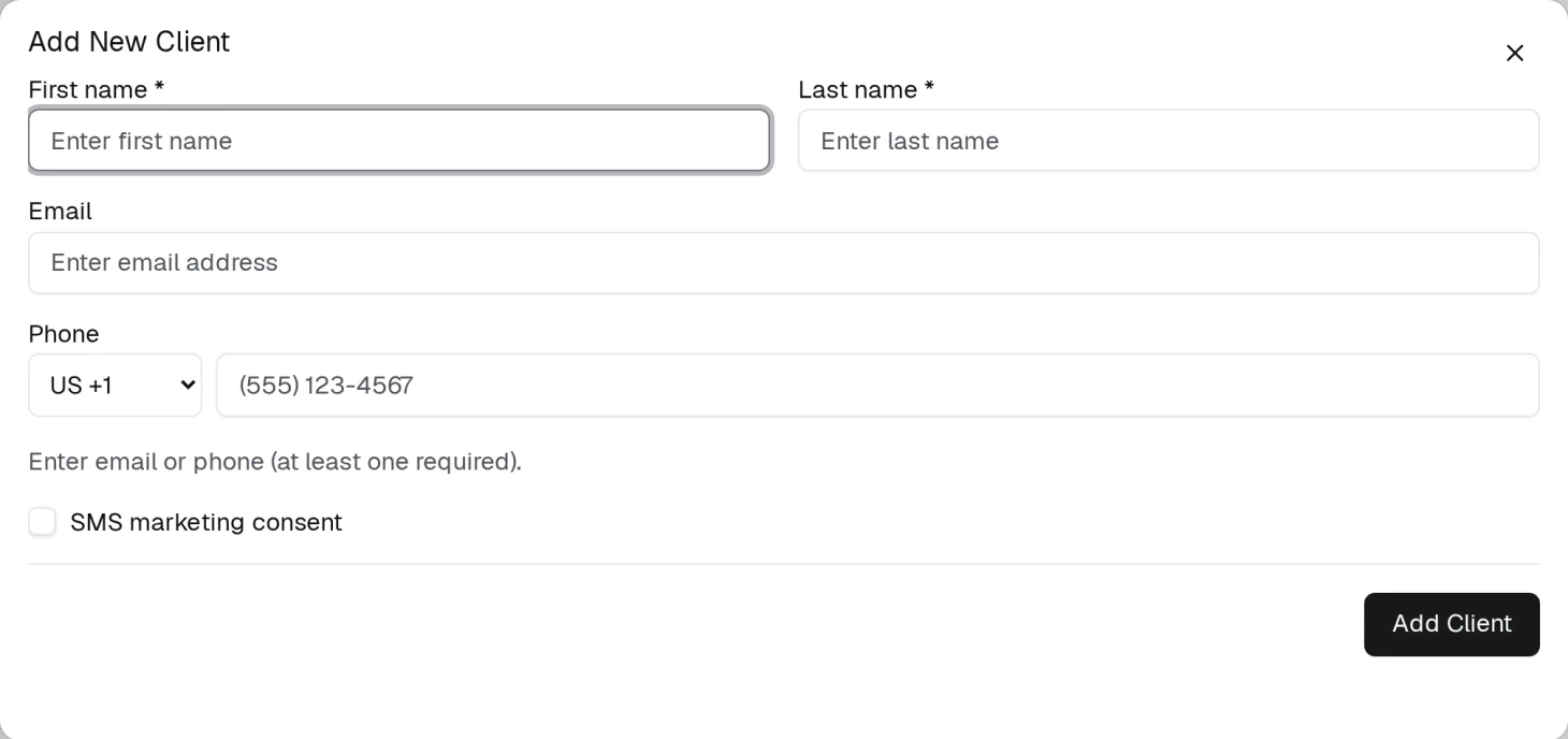 Adding a client by hand. Only the names are compulsory — the form takes email or phone and accepts either.