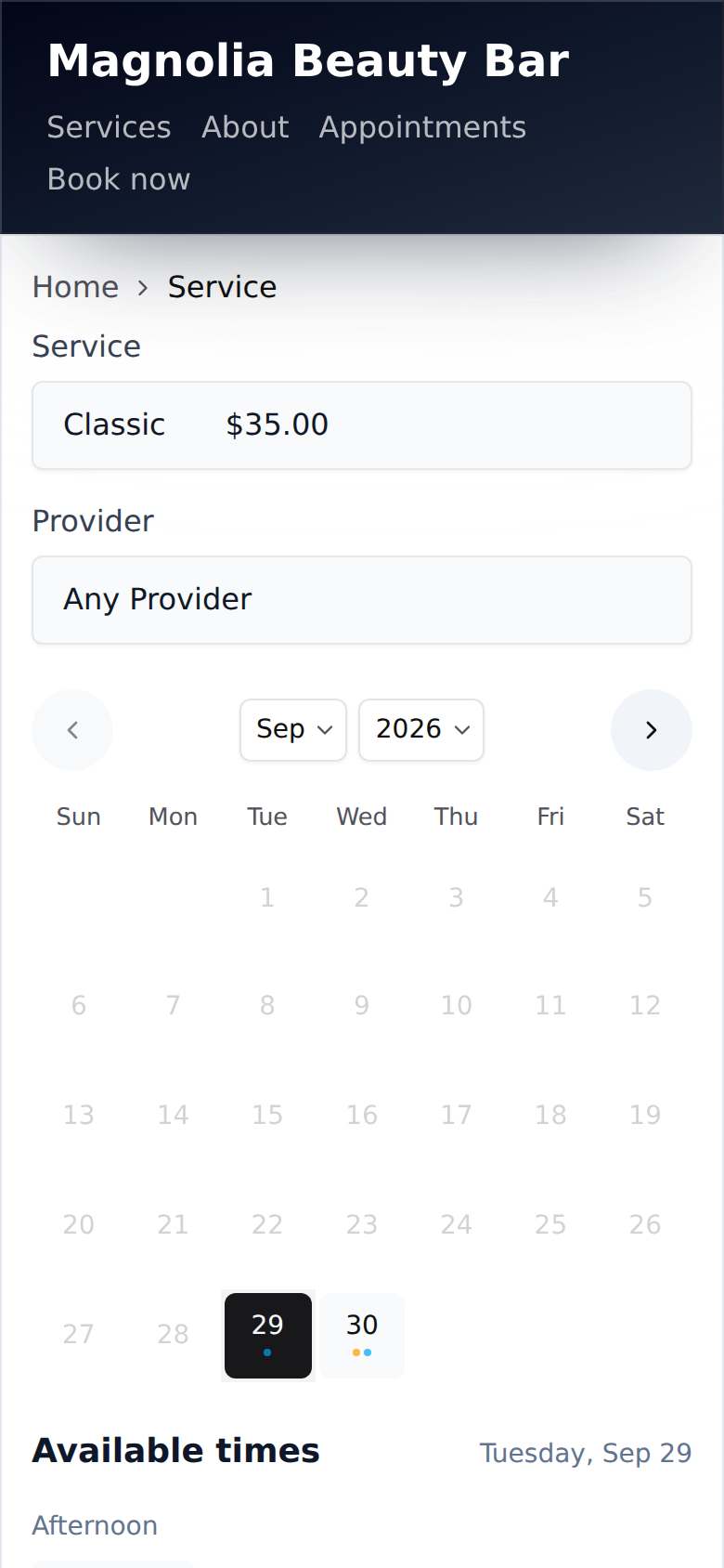 After choosing a service, the client picks a provider, or leaves it on Any Provider, then a day.