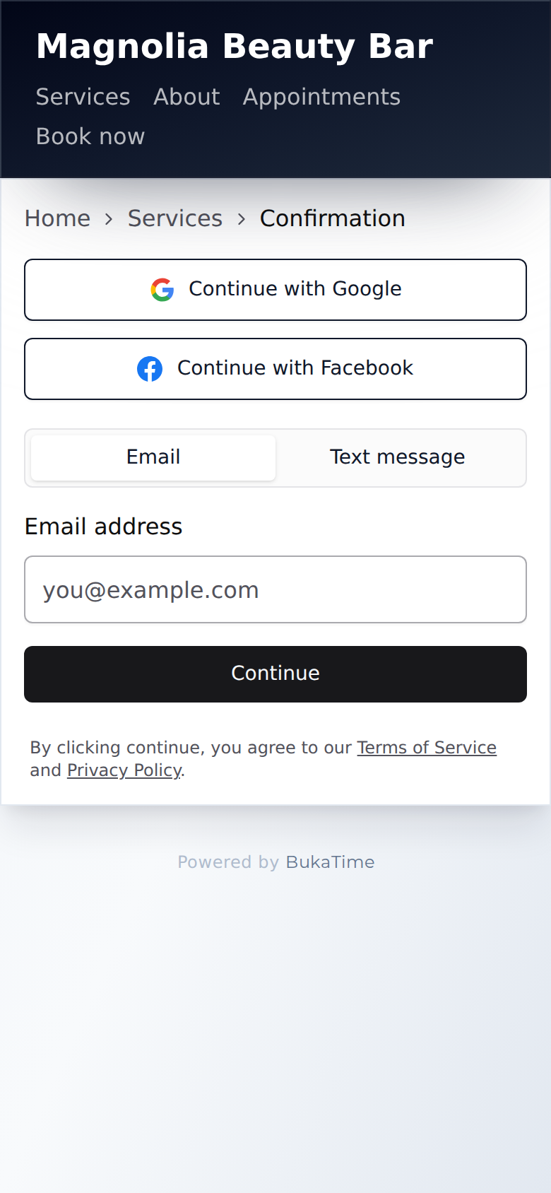 Email or Text: the client enters where to send the code, then Continue.