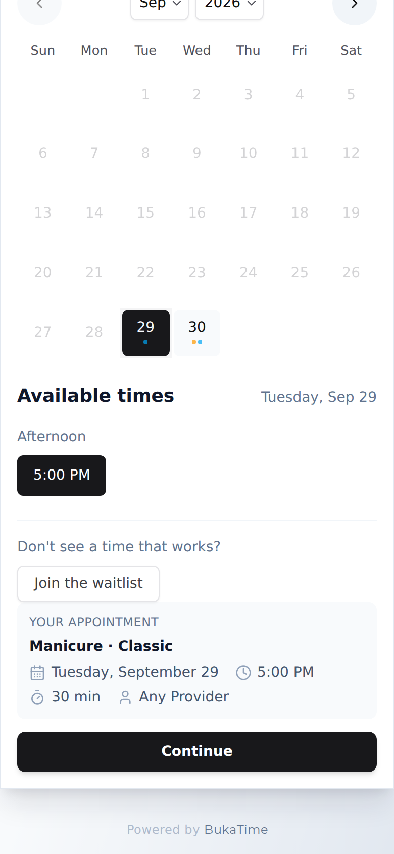 Picking a time fills the summary at the bottom and unlocks Continue.