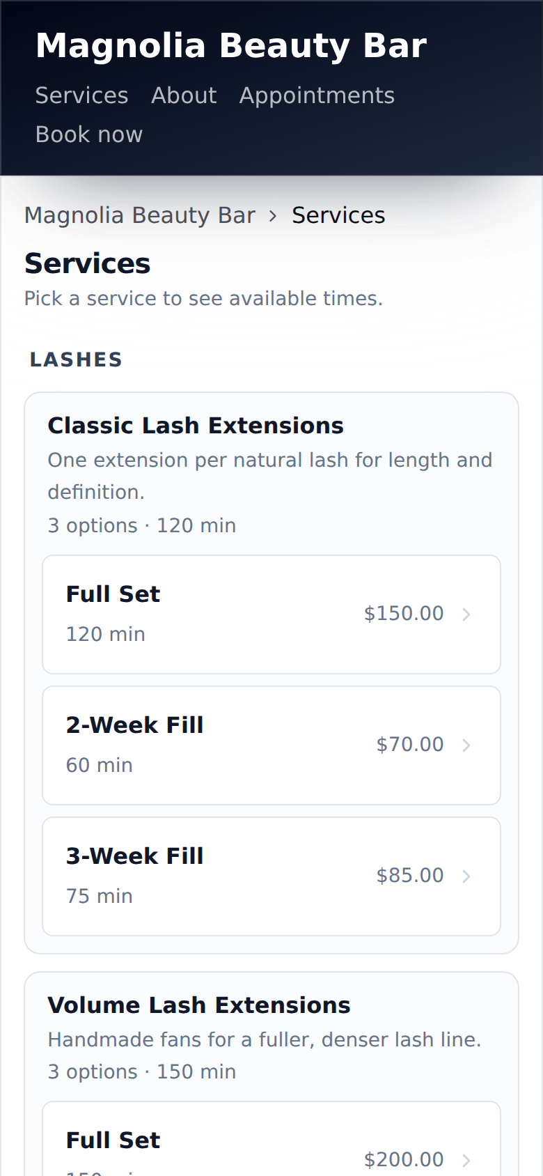 The services page on your booking site: every service with its options, length and price.