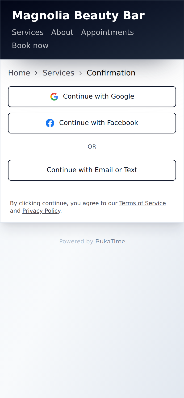 To confirm, the client signs in with Google, or with a code sent by email or text.