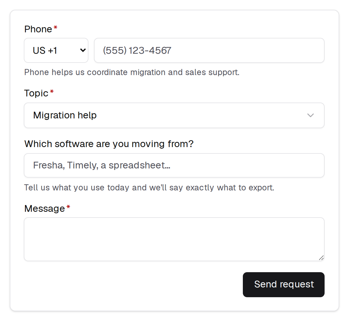 The request form arrives with the topic already set to Migration help. Say what you are moving from and add a phone number.