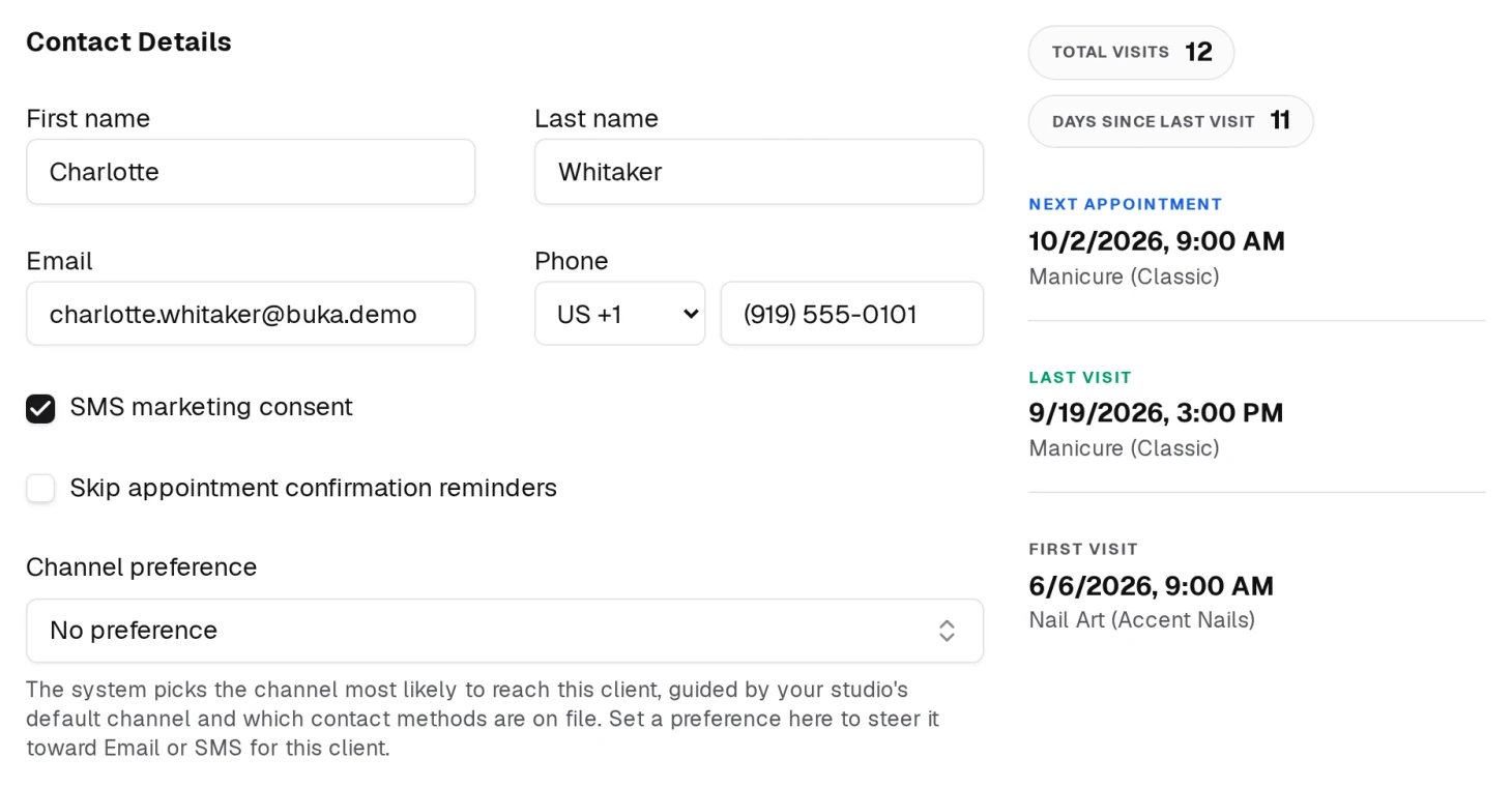 A client profile: editable contact details on the left, and their visit summary on the right.