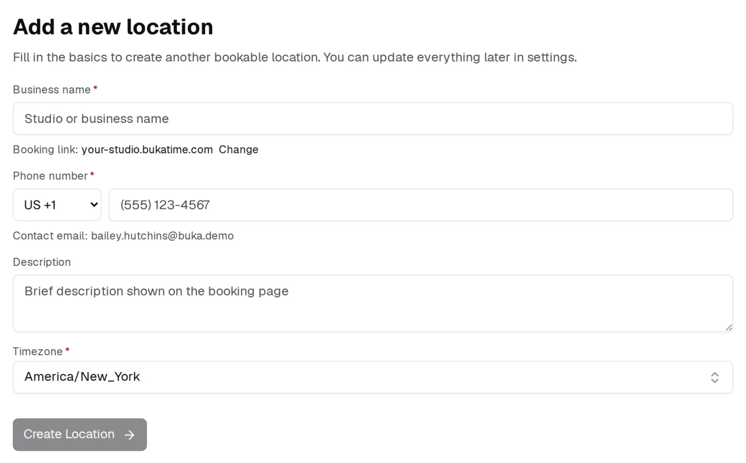 Step one of the location wizard: the business name, a phone number, and how clients find this location.