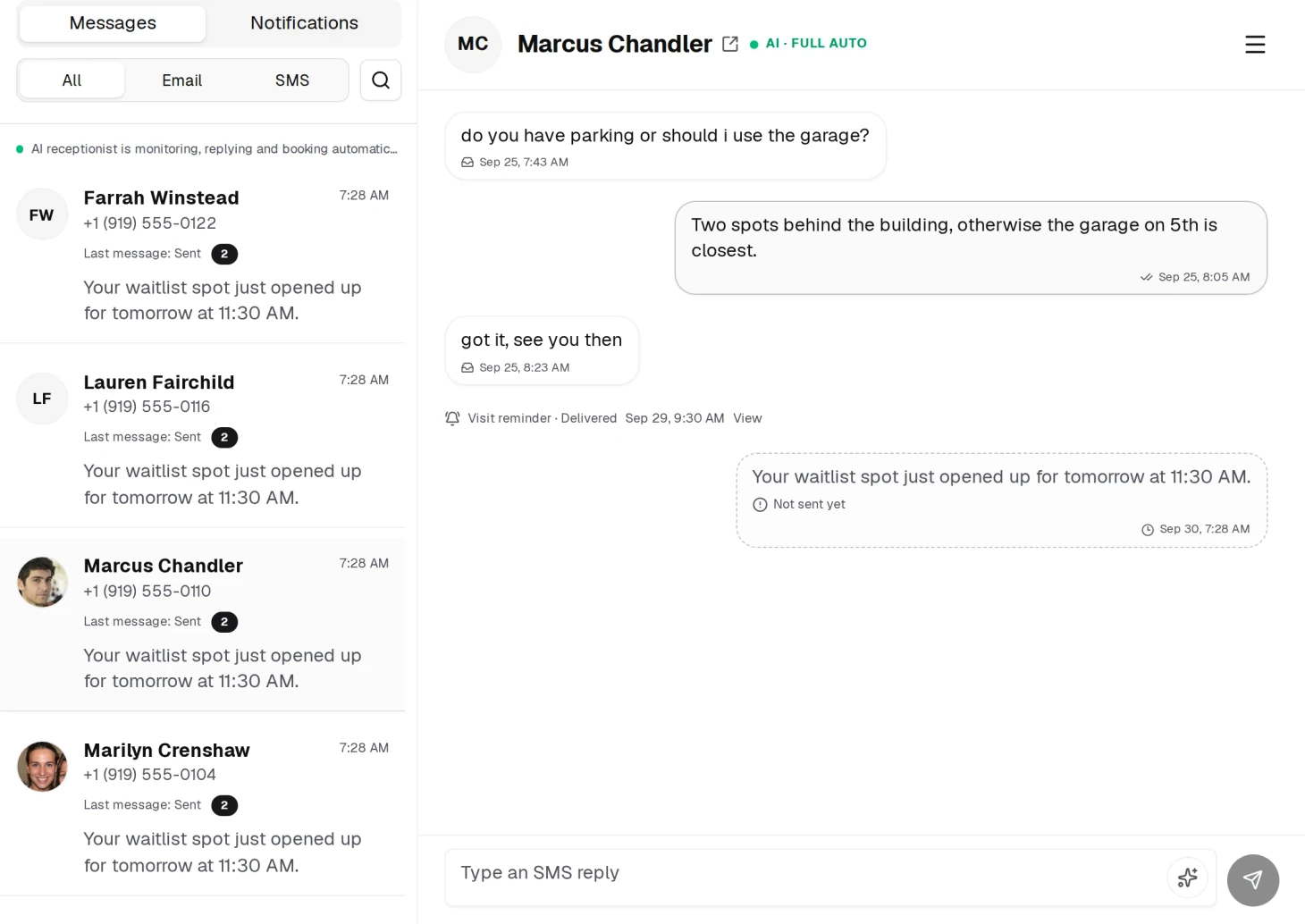 The Messages page: every conversation on the left, the selected one in full on the right.