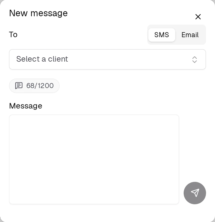 One New message button opens this. SMS or Email is a switch on the To row, not a separate dialog.