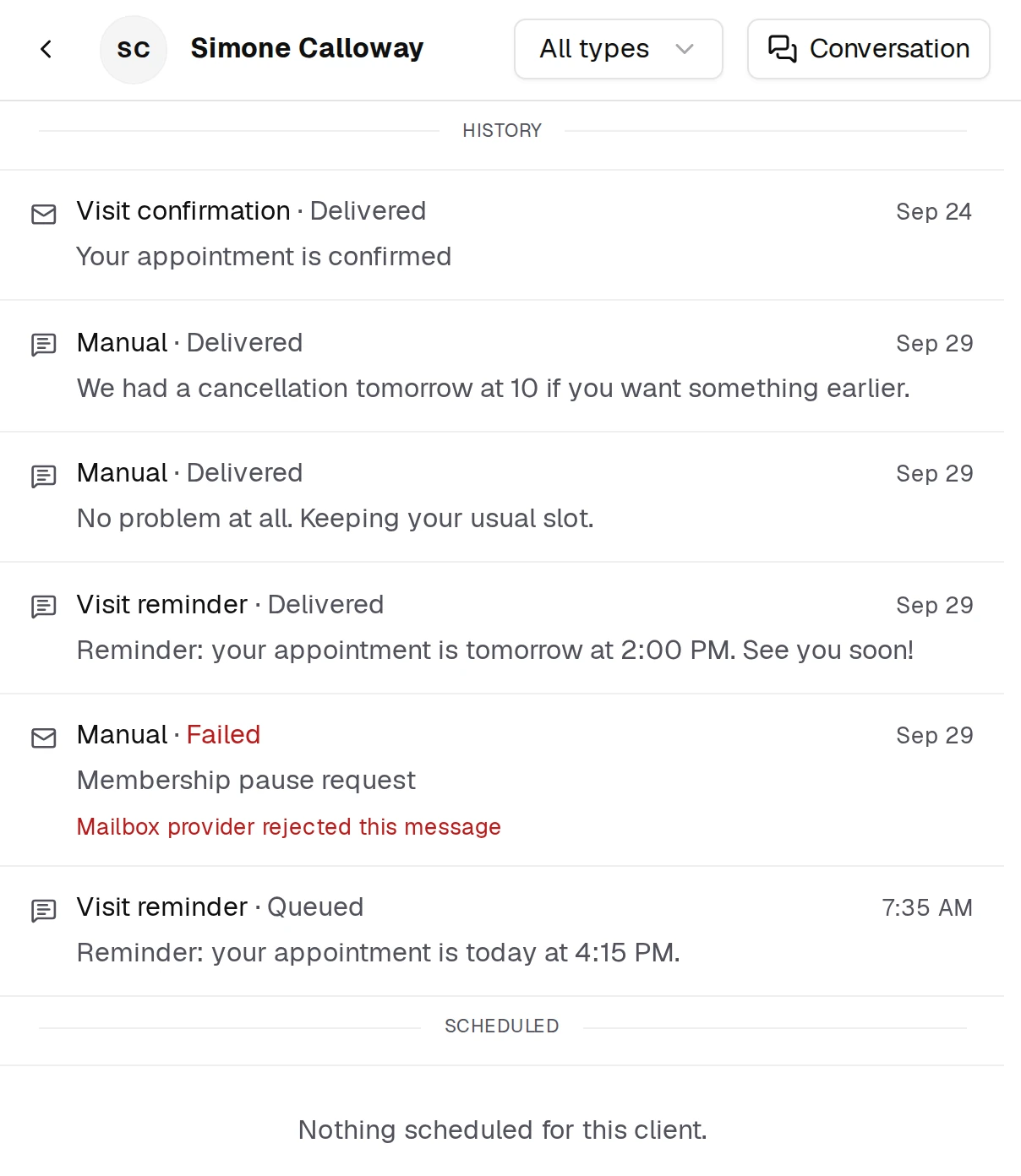 Opening a client shows every notification sent to them, newest last, with what is still scheduled below.