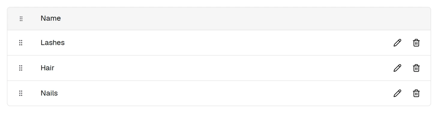 Service Categories: every group you can file a service under. Drag a row by its handle to reorder them, or use the pencil and bin to rename and delete.