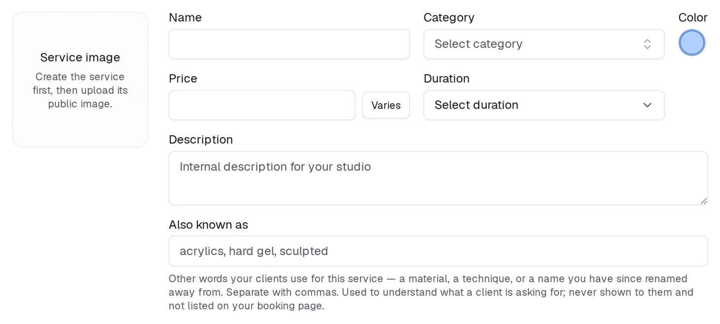 A new service starts with its name, category and calendar colour. The photo is uploaded after it exists.