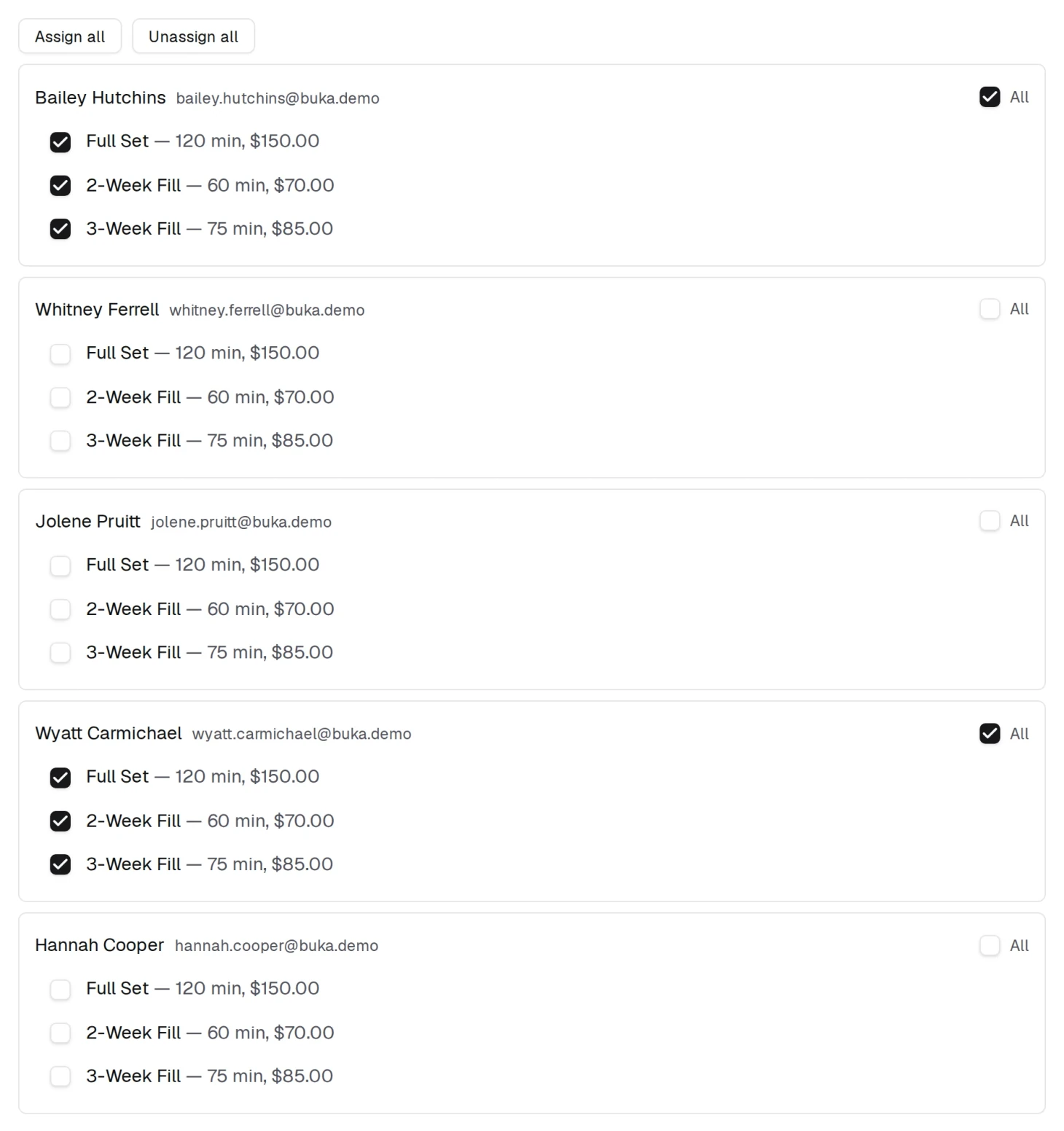 The Providers tab on a service: one checkbox per person per variant, so someone can do the 30-minute option but not the 60.
