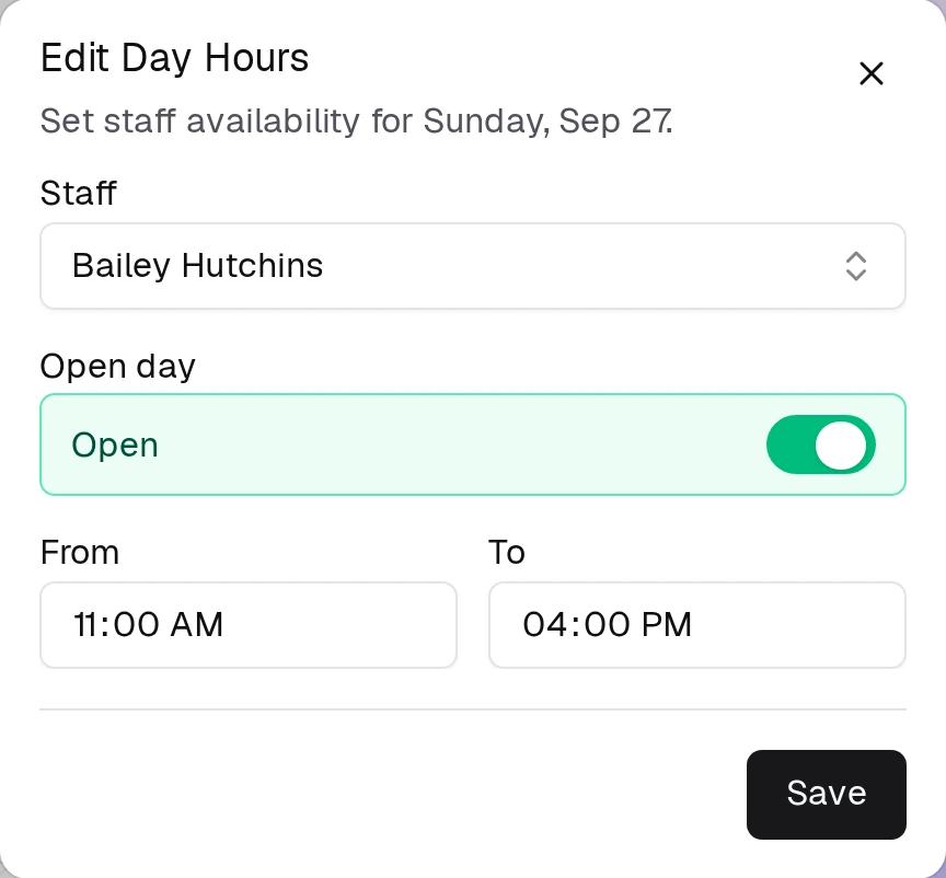 Clicking a provider's column header opens Edit Day Hours — custom times for that date alone.