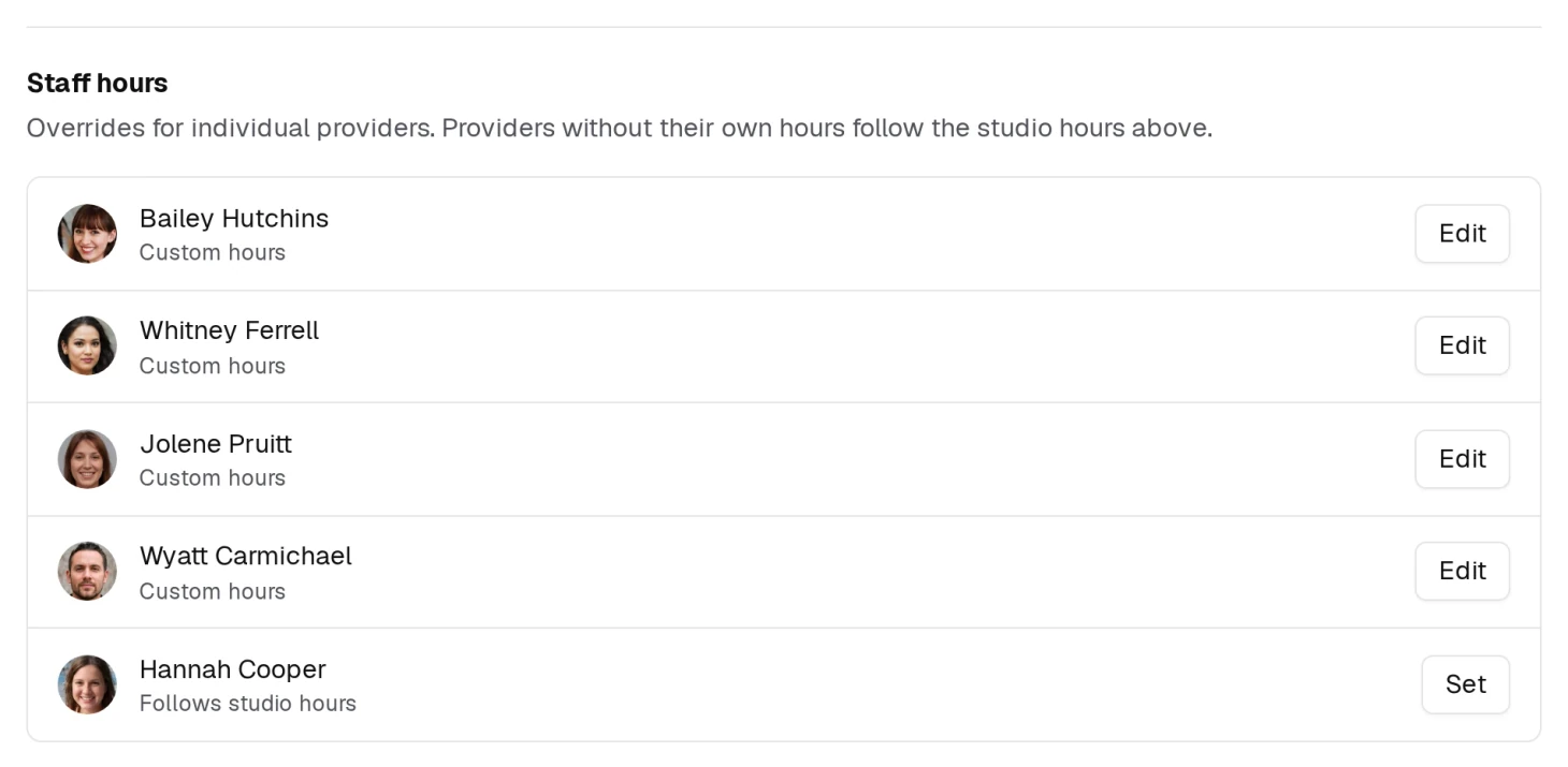 Every bookable provider, with their own week or the studio's. Here nobody has a custom one yet, so each row offers Set.