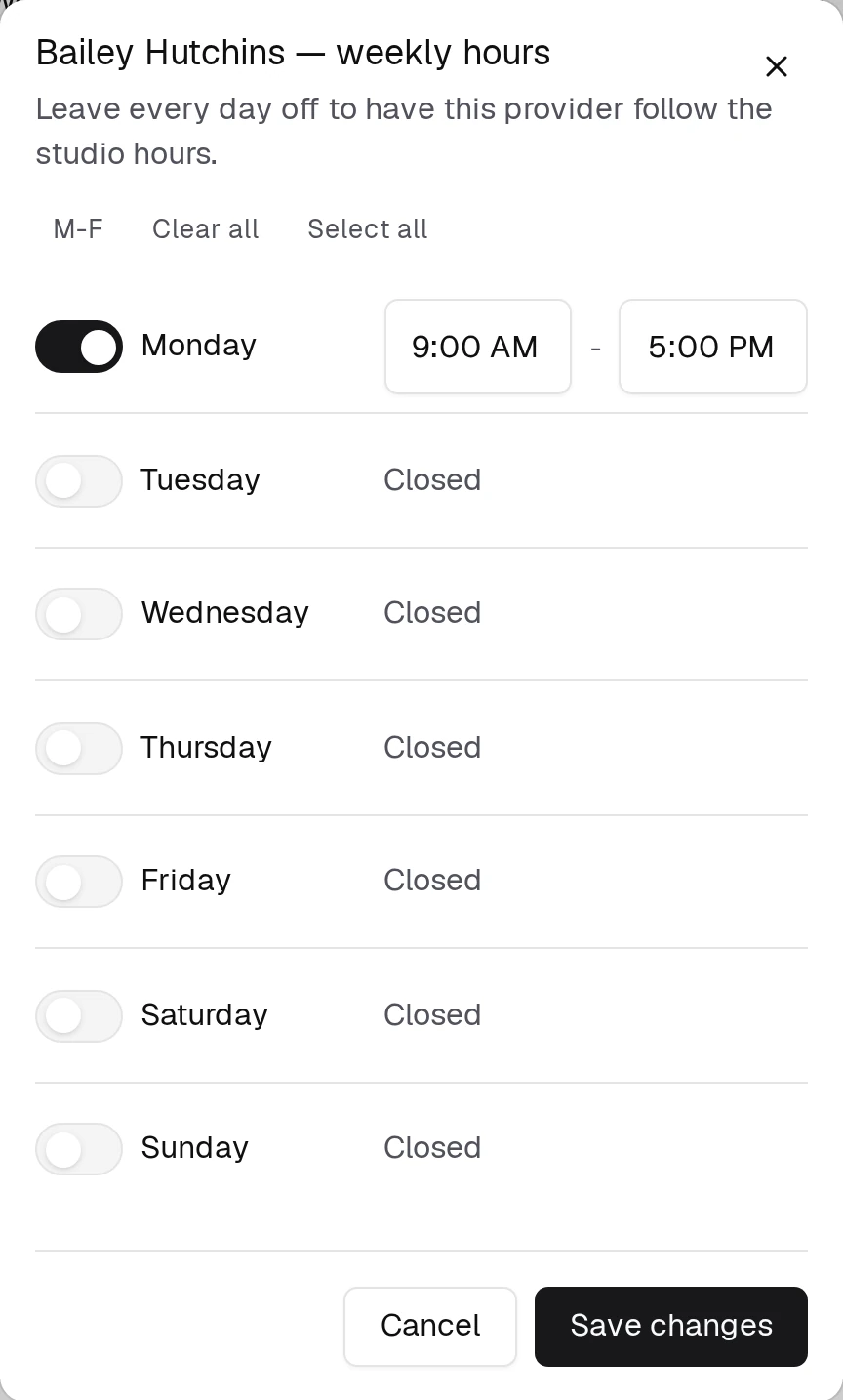 Each provider's weekly template: switch a day on, then set the hours they work that day.
