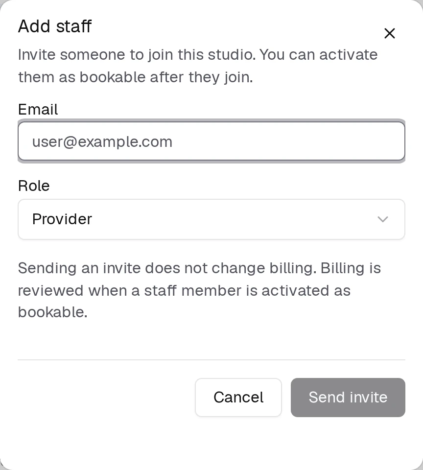 The Add staff dialog asks for an email address and a role.