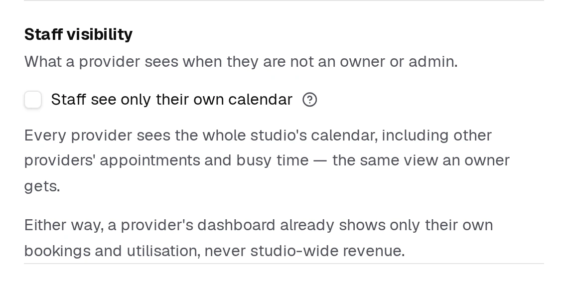 The text under the box always says what providers can see right now. It is switched off on this studio; a new studio starts with it on.