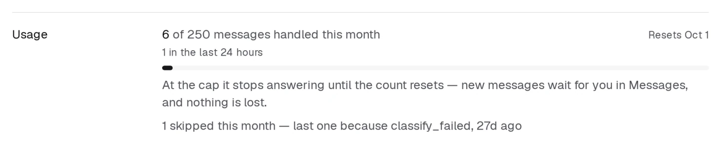 How much of this month's allowance the receptionist has used, what it handled in the last day, and when the count resets.