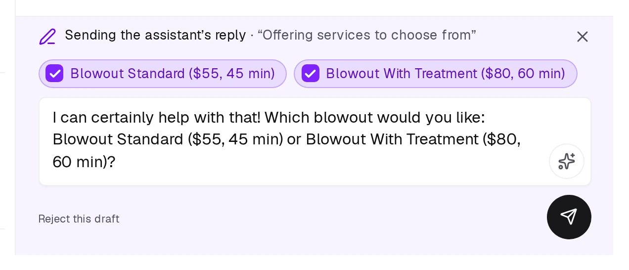 The assistant's draft with every option ticked. The sentence in the box shows exactly what the client will read.