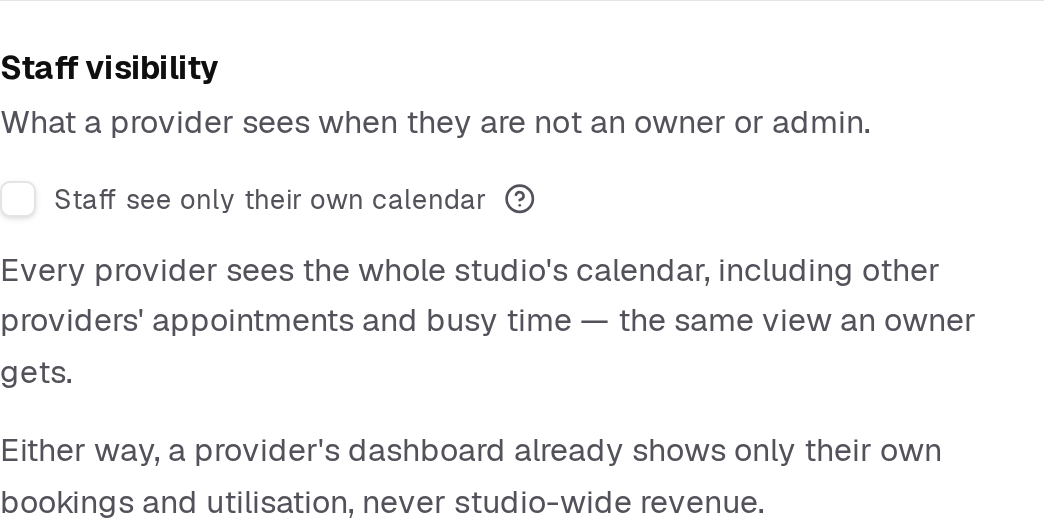 The text under the box always says what providers can see right now. It is switched off on this studio; a new studio starts with it on.