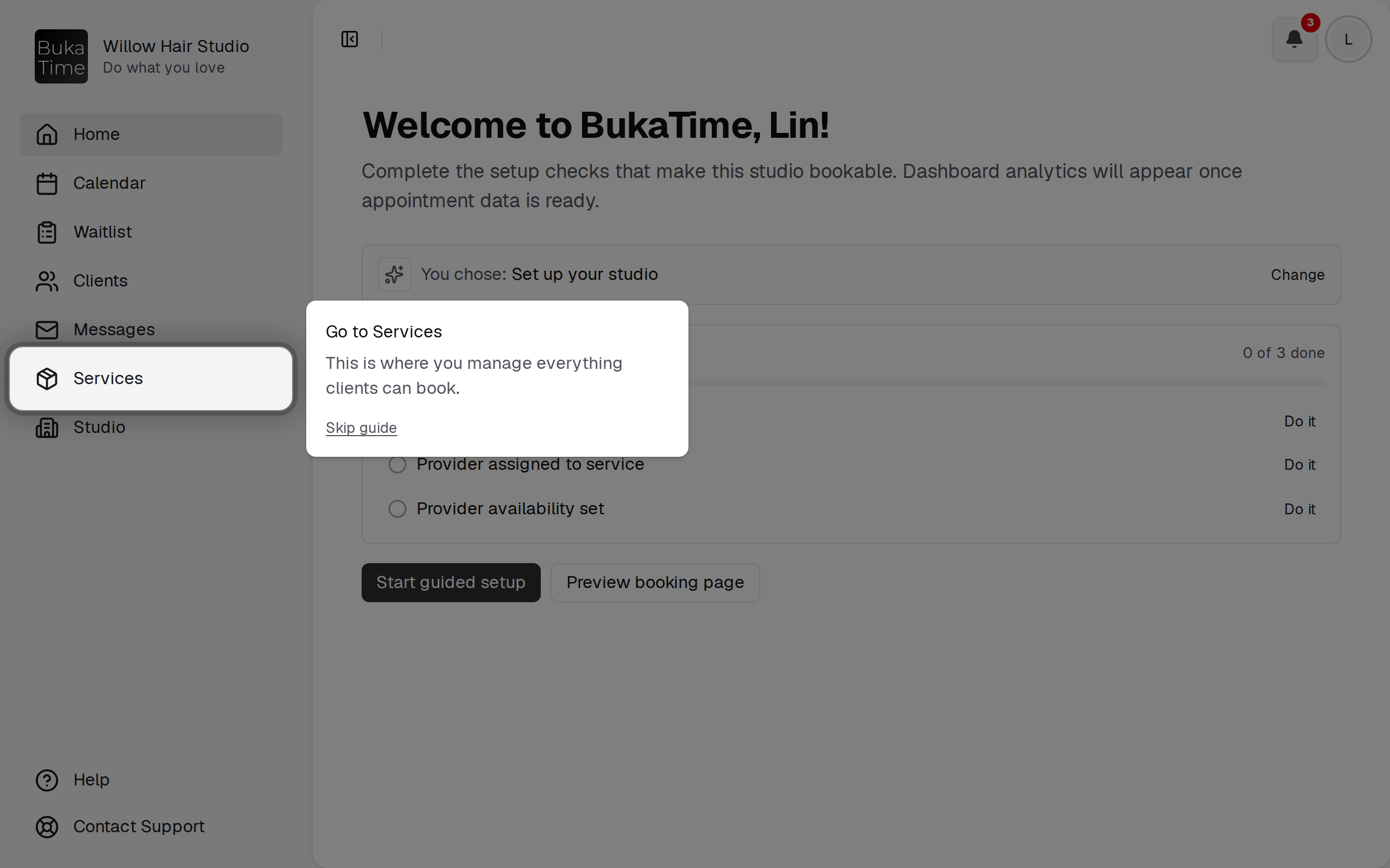 The guided tour dims the page and points at the next thing to click; Skip guide is on every card.
