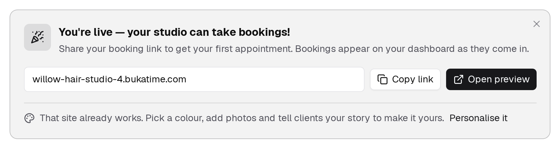 Once the last step is done the checklist gives way to a live moment with the booking link.