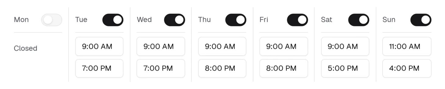 The weekly schedule: switch a day on or off, and set its opening and closing time. A closed day shows Closed instead of times.