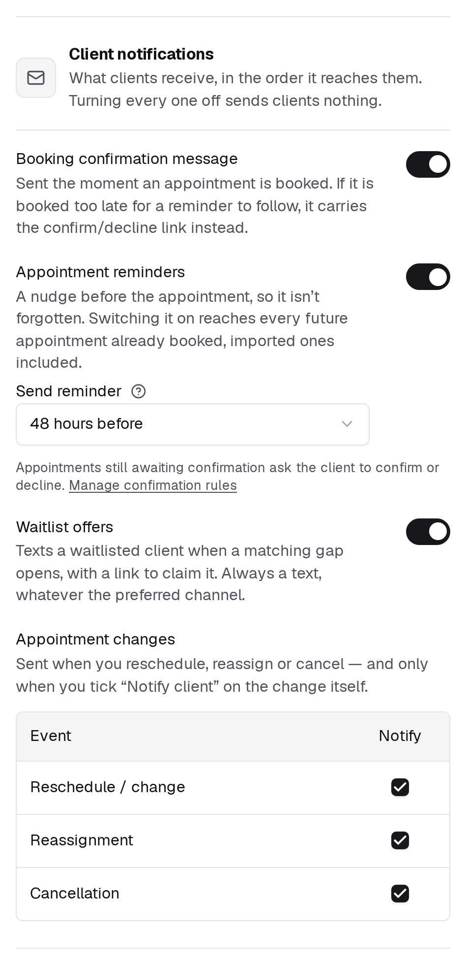 Client notifications: each message type your studio sends has its own switch.