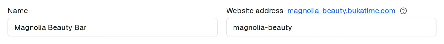 Your studio's name and the first part of its web address. The address you have now sits beside the field as a link, so you can open the site and check.