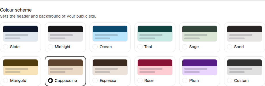 Eleven ready-made schemes, plus Custom. Each swatch previews the header and page colour.