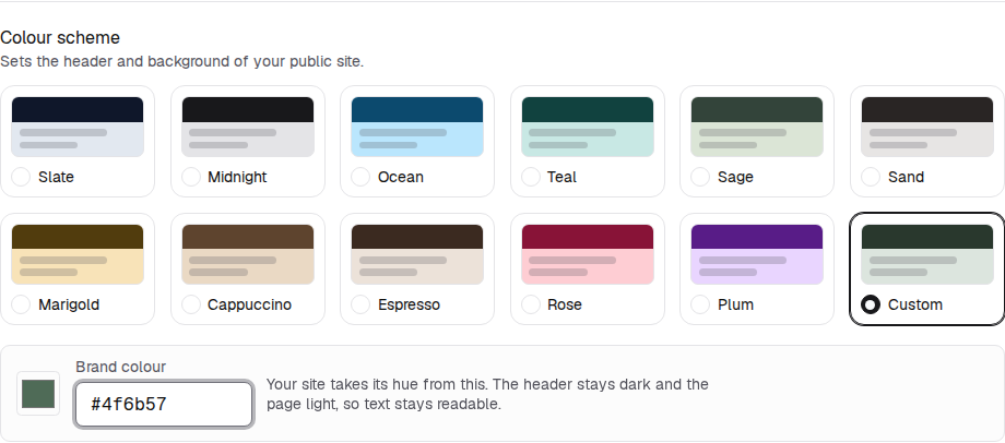 Custom takes a hex code; your site borrows its hue, keeping the header dark and the text readable.