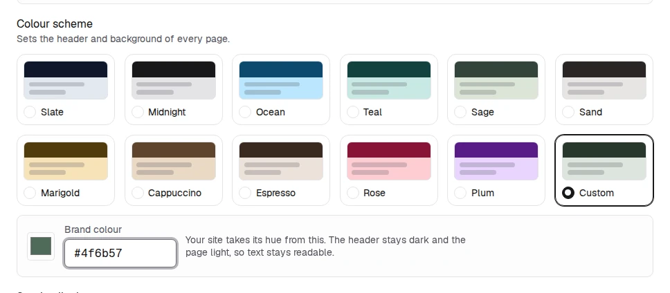 Custom takes a hex code; your site borrows its hue, keeping the header dark and the text readable.
