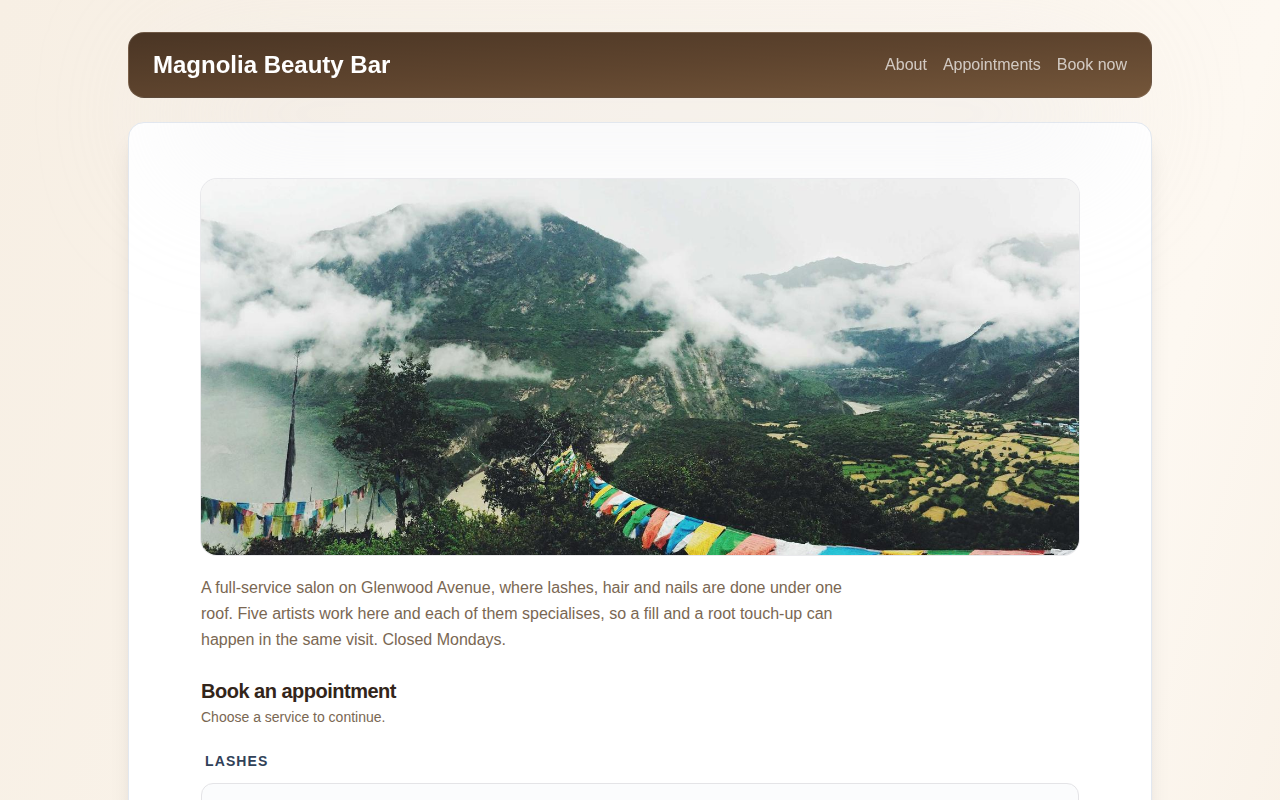 Your site the moment you go live — your services, prices and a booking button, with nothing to build.