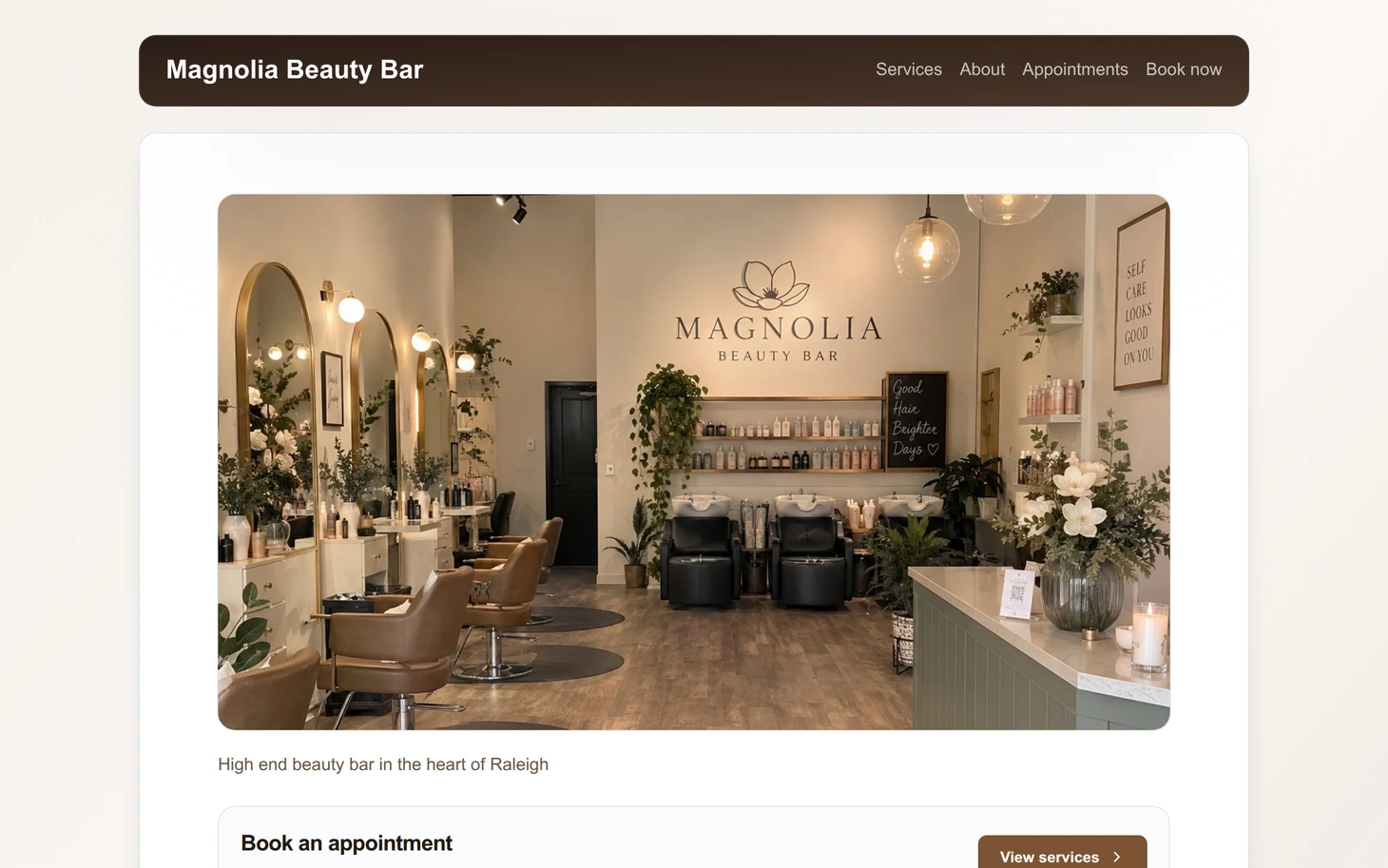 Your site the moment you go live — your name, your photos and a booking button, with nothing to build.