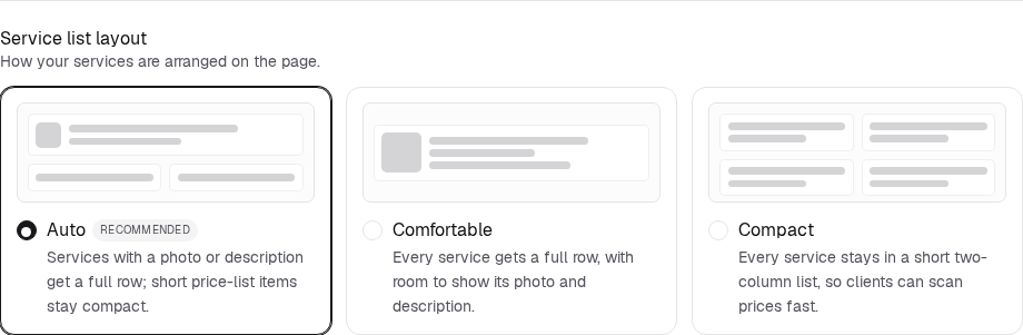 Three ways to arrange your service menu, each with a diagram of the result.