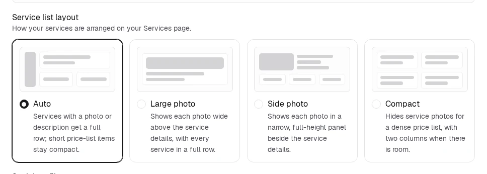 Four ways to arrange your service menu, each with a diagram of the result.