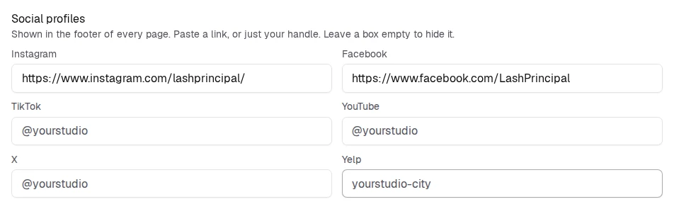 A box per network. Paste a link or just your handle; an empty box stays off your site.
