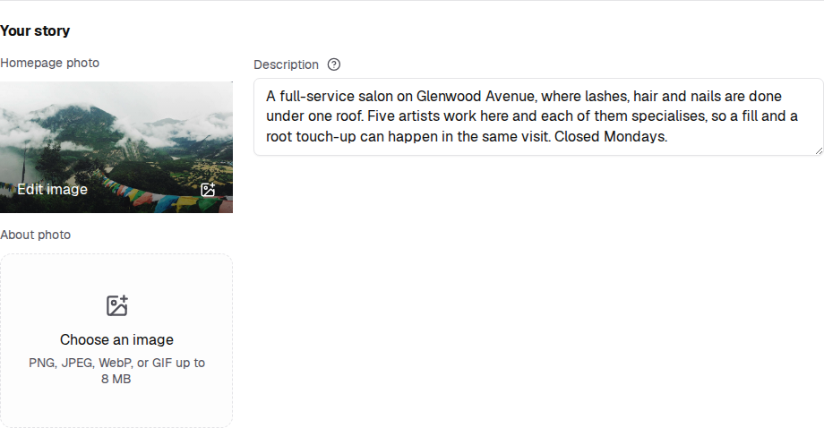 Your description creates the About page; the two photo slots feed the homepage banner and the About page.