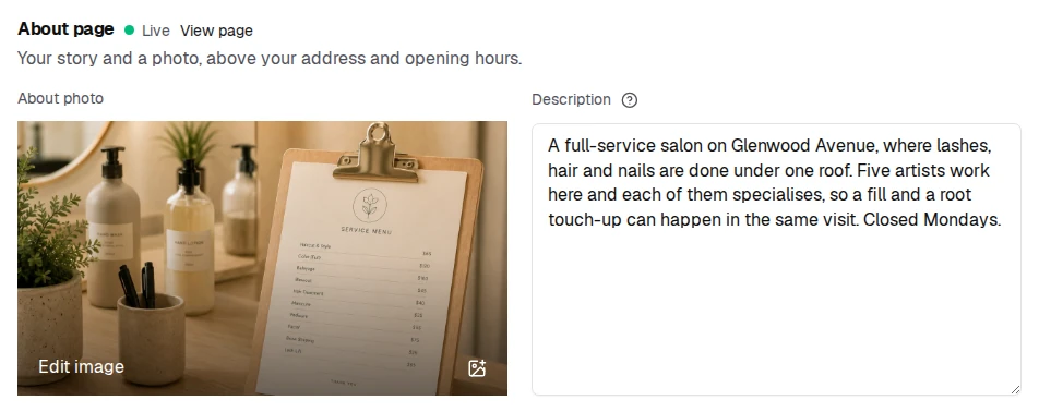 Your description creates the About page, and the About photo sits above it.