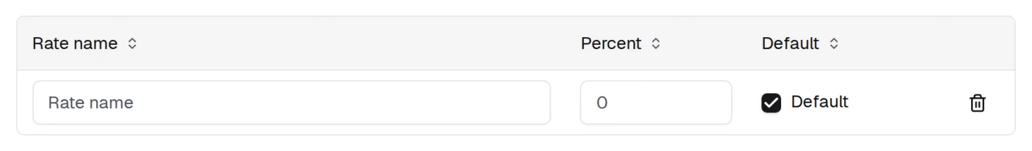Add rate appends an empty row: a name, the percentage, and whether it is the studio's default. Save appears once anything is unsaved.