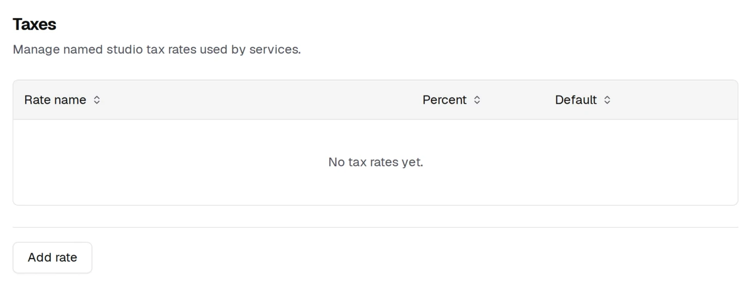 The Taxes page before you have set any up. Add rate is at the bottom.